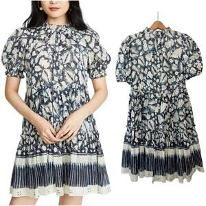 ULLA JOHNSON Dahlia Dress Blue Batik Short Puff Sleeves Crew Neck Silk Lurex 2